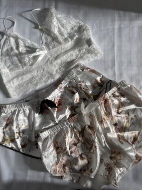 NWOT SHEIN White Lace Bralette and 2 Pair Floral Satin Shorts Sleep Set